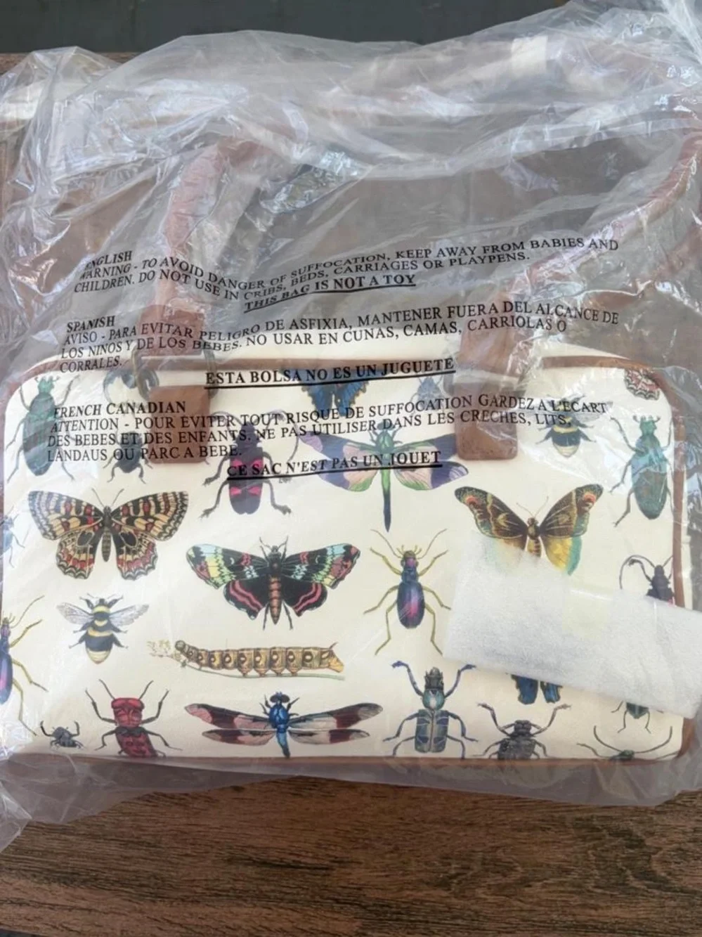 White Botanical Insect-Print Satchel with Tan Straps